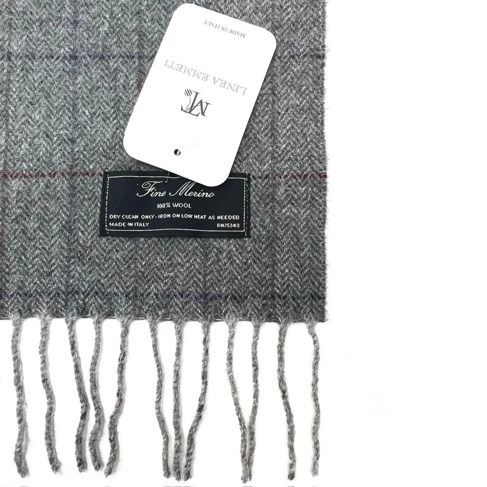Linea Emmeti Fine Merino Wool Scarf Herringbone Gray Windowpane Navy Red New NWT